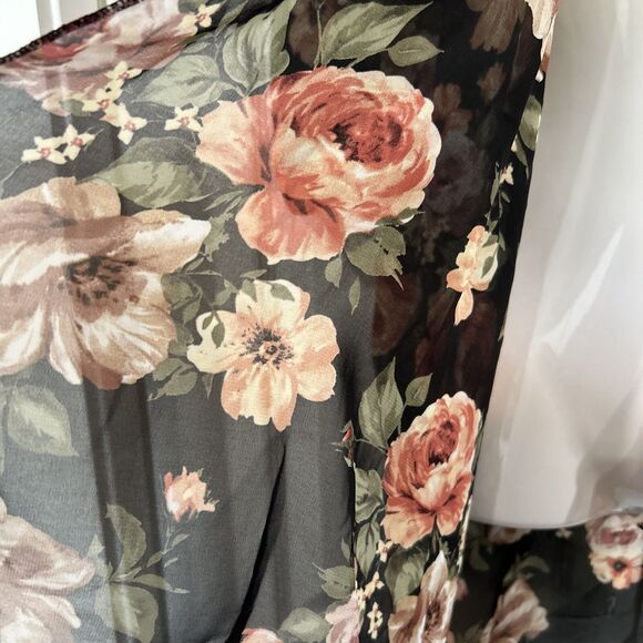 Try! This Women's S Kimono Blouse Black & Pink Floral Semi Sheer Cardigan - Picture 3 of 8